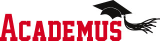 Academus logo: red block lettering with a mortarboard and tassel