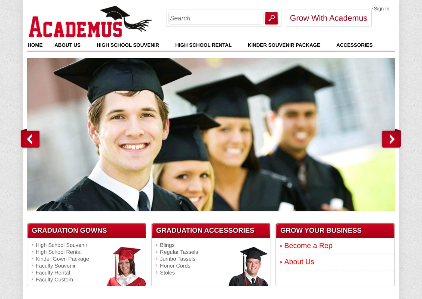 Academus.com homepage, captured in 2013: the Academus logo with mortarboard and tassel, graduates in caps and gowns, and gown, accessory, and rep categories